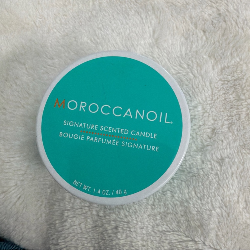 Moroccanoil Scented Candle Tin - Teal with Orange Logo